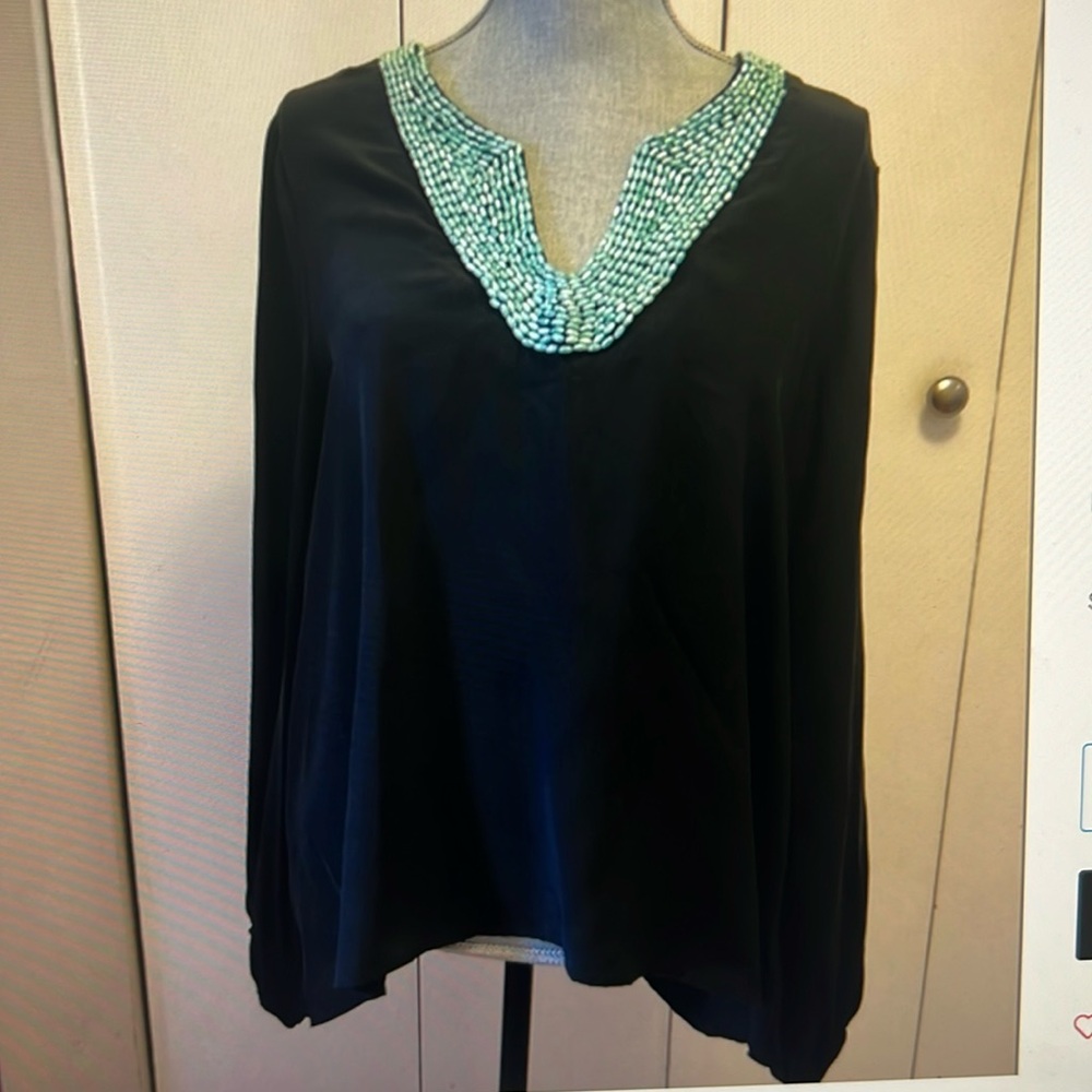 Moon & Meadow l/s silk black blouse with turquoise bead detail size small